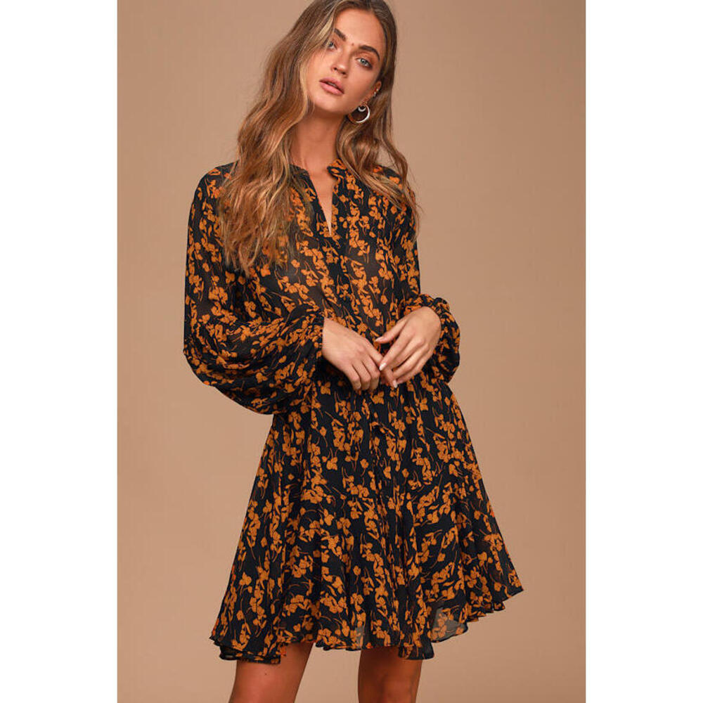 Lulus Sashay My Way Black Floral Print Long Sleeve Mini Dress - Size S
